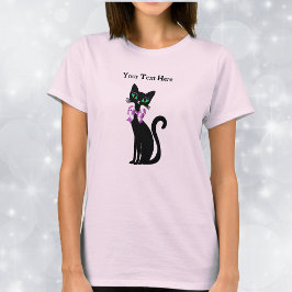 Söt feminin svart katt gröna ögon rosa rosett t shirt