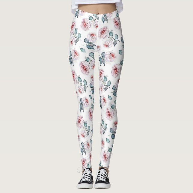 Söt Feminine Soft Rosa ros Mönster Leggings (Framsida)