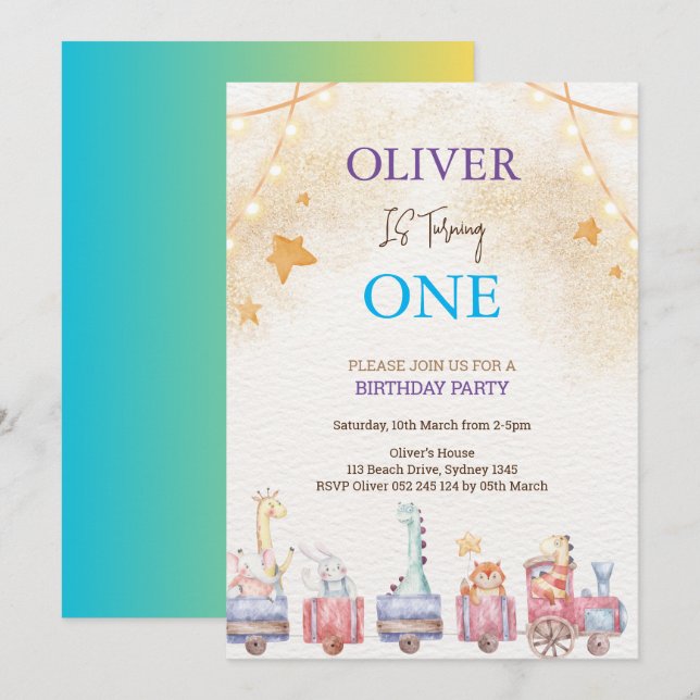 Söt festdjur barn födelsedag inbjudningar (Fram/baksida)