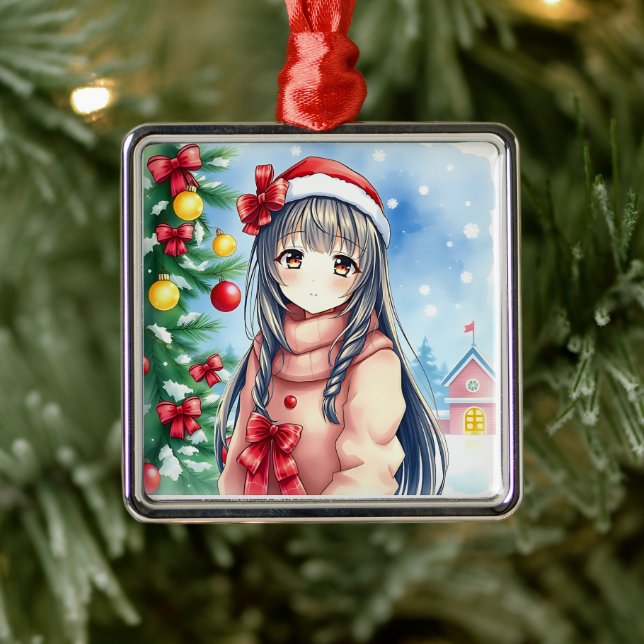 Söt Festive Anime Girl jul Julgransprydnad Metall (Träd)