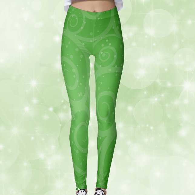 Söt Festive Grönt with Swirls and Circles Leggings (Pretty festive abstract green with swirl pattern and dots on womans leggings.)