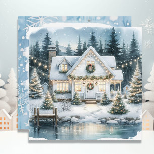 Söt Festive House on a Frozen Sjö jul Julkort