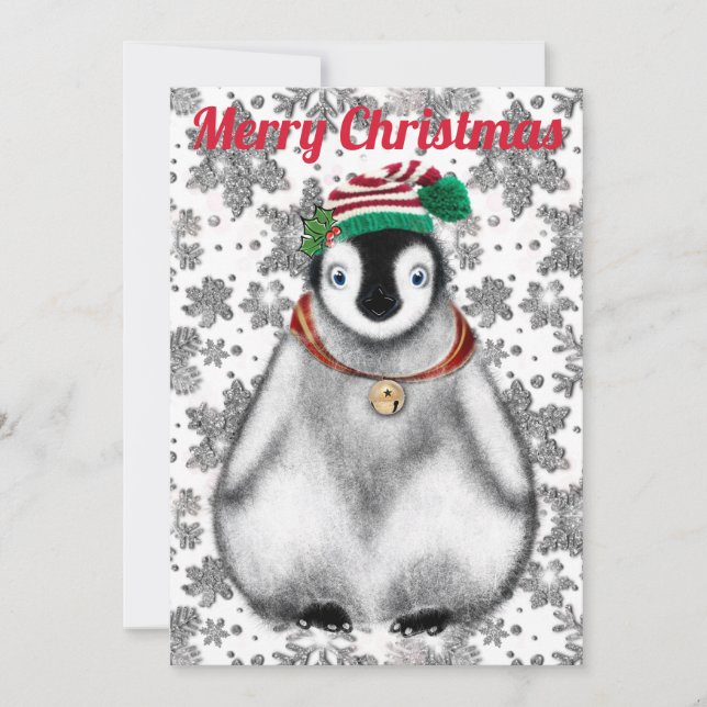 Söt festlig semester Pingvin glitter snöflingor  Julkort (Framsida)