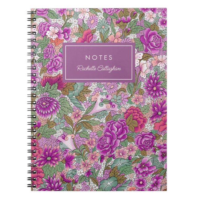 Söt Fet Blommönster Magenta Namn Anteckningsbok (Framsidan)