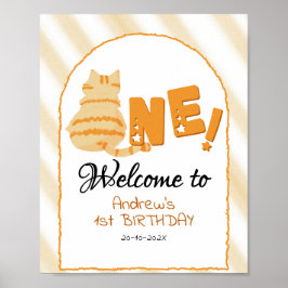 Söt fet orange katt 1-års födelsedags välkomstskyl poster