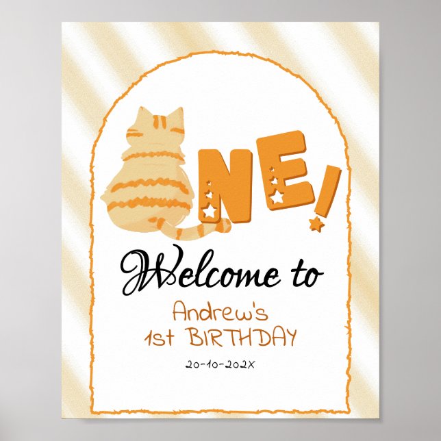 Söt fet orange katt 1-års födelsedags välkomstskyl poster (Framsidan)