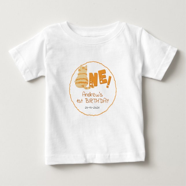 Söt fet orange katt 1-årsdag t shirt (Framsida)