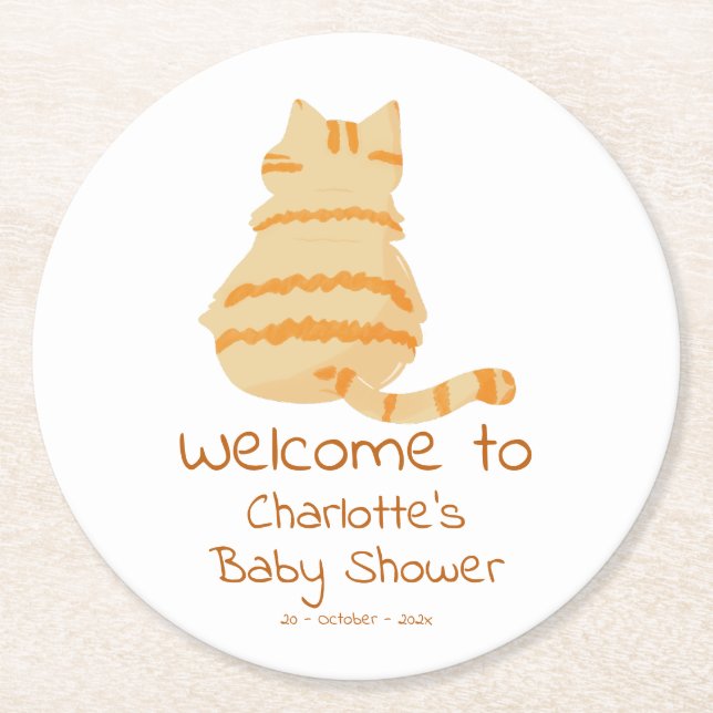 Söt fet orange katt baby shower underlägg papper rund (Framsidan)