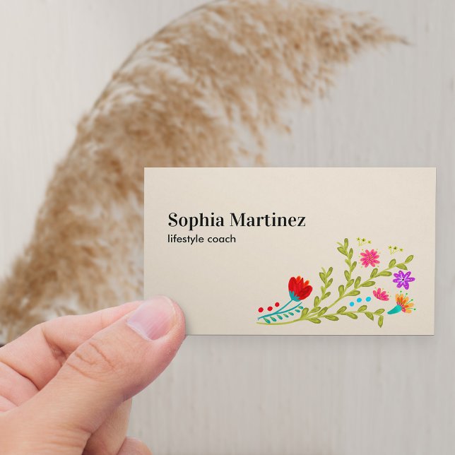 Söt Fiesta Blommigt Bouquet Neutralt Social Media Visitkort (Horizontal Business Card with fiesta floral bouquet)