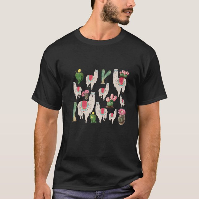 Söt Fiesta Lama & Kaktus Mönster T Shirt (Framsida)