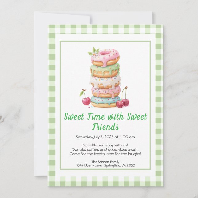 Söt firande inbjudan – Färgglad Donut-fest  (Framsida)