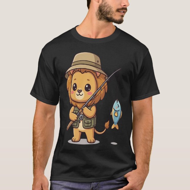 Söt fiskande lejon med fångst t shirt (Framsida)
