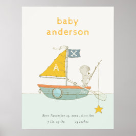 Söt fiskebjörn stjärna segelbåt barn monogram baby poster