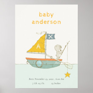 Söt fiskebjörn stjärna segelbåt barn monogram baby poster