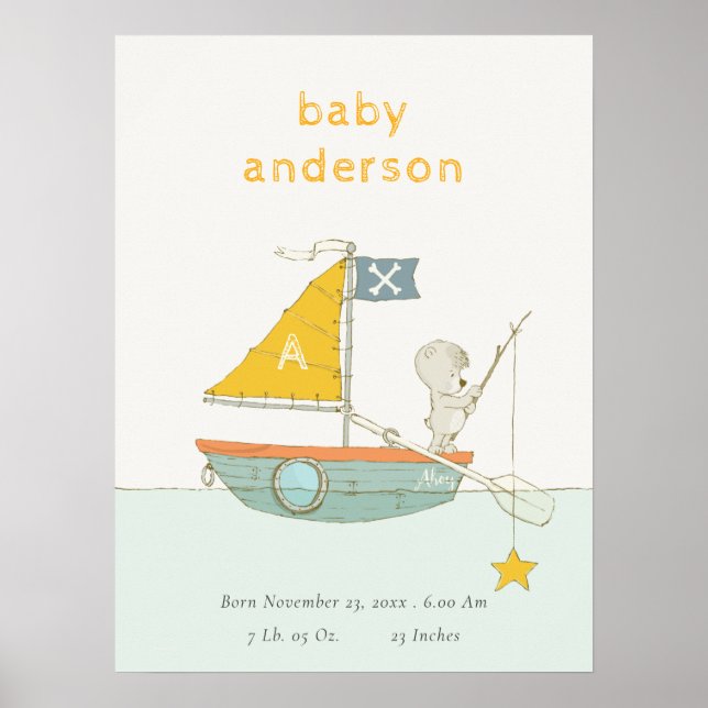 Söt fiskebjörn stjärna segelbåt barn monogram baby poster (Framsidan)