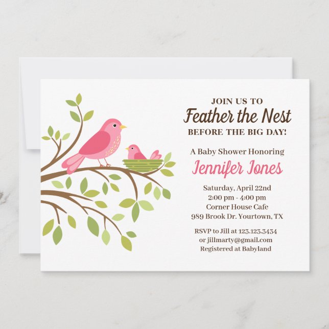 Söt fjäder i boet rosa baby shower inbjudan (Framsida)