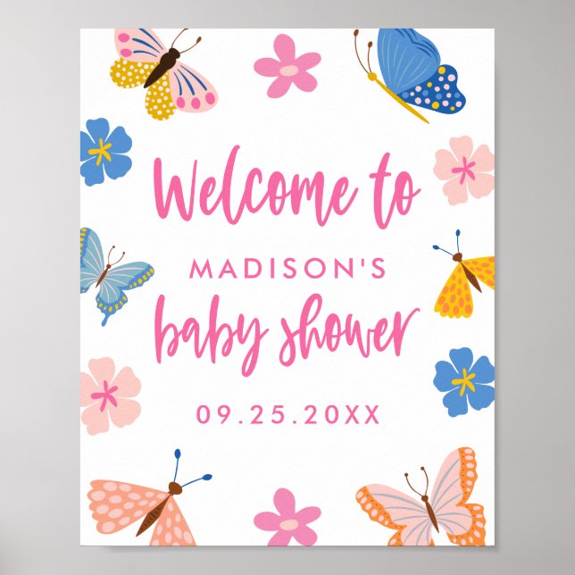 Söt fjäril baby shower välkomstskylt poster (Framsidan)
