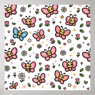 Söt Fjäril Blommig Sömlös Kawaii Mönster Poster