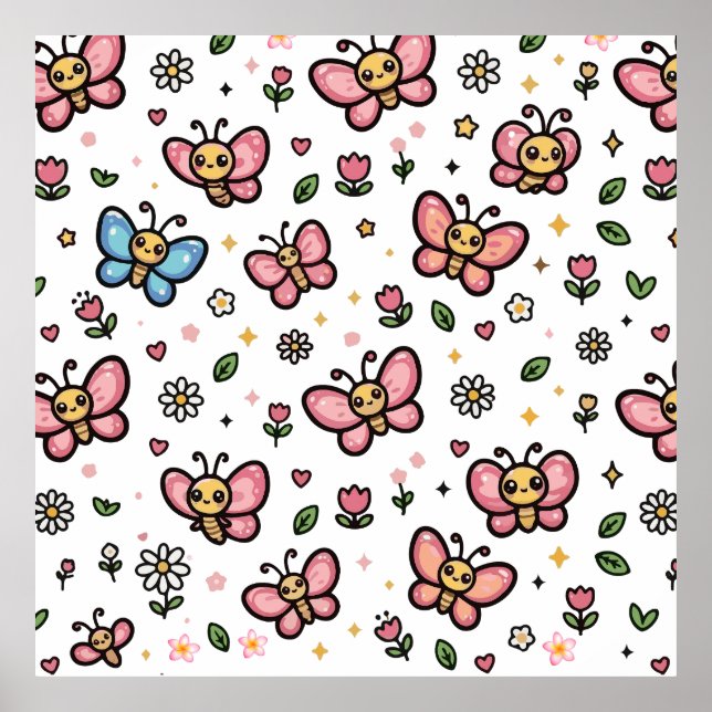 Söt Fjäril Blommig Sömlös Kawaii Mönster Poster (Framsidan)