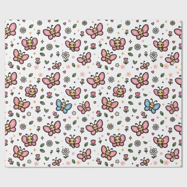 Söt Fjäril Blommig Sömlös Kawaii Mönster Presentpapper (Platt)