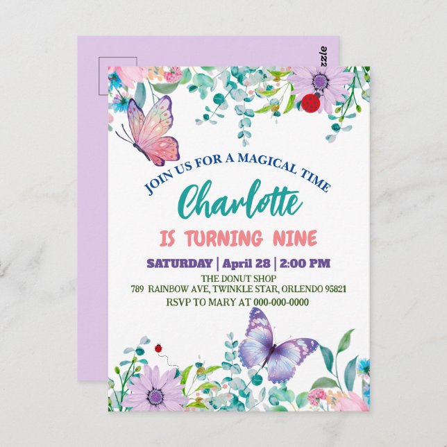 Söt fjäril Prickig blomma Blomma Födelsedag  Vykort (Fram/baksida)