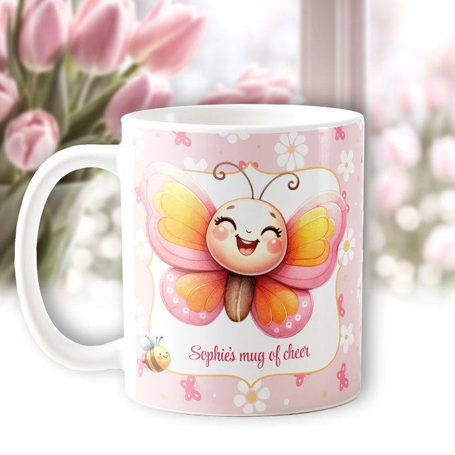 Söt fjäril Rosa blommig namn mugg av glädje (Cute Butterfly Pink Floral Name Mug Of Cheer)