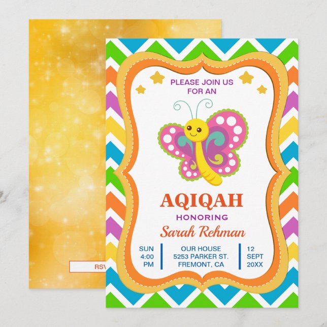 Söt fjärilsbabyflicka Aqiqah Inbjudningar (Fram/baksida)