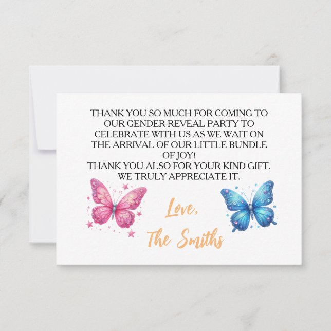 Söt fjärilsträdgård, Gender Reveal Party Tack Kort (Framsida)