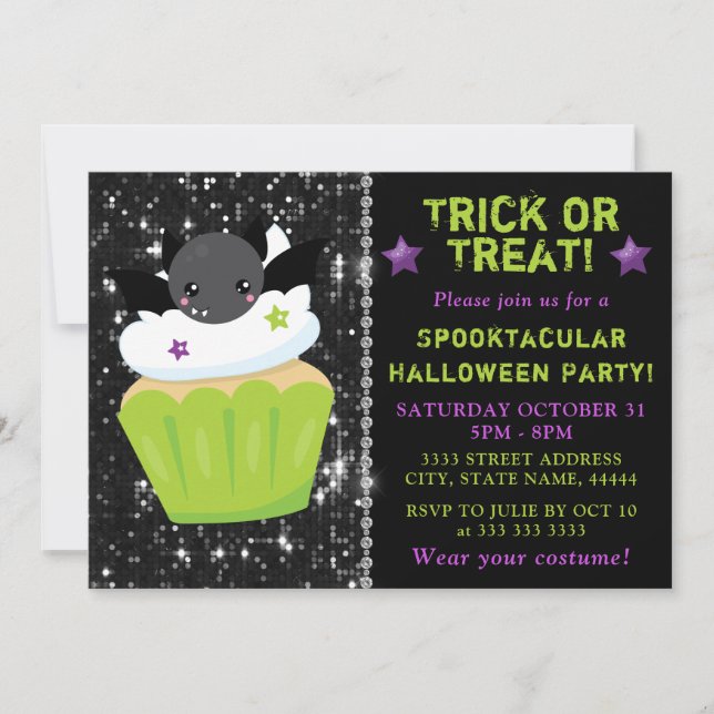 Söt Fladdermus Halloween Cupcake Barnkalas Inbjudningar (Framsida)