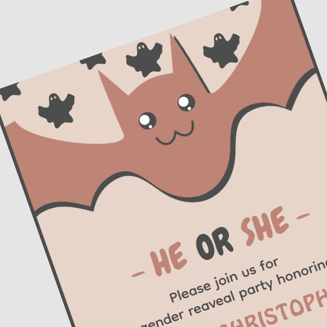 Söt fladdermus Oktober Han eller Hon Halloween kön Inbjudningar (Cute-bat-October-He-or-She-Halloween-gender-reveal-Invitation-1)