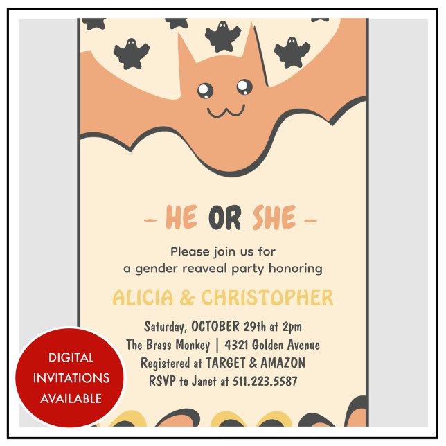 Söt fladdermus Orange Han eller Hon Halloween köns Inbjudningar (Cute-bat-Orange-He-or-She-Halloween-gender-reveal-Invitation-1)