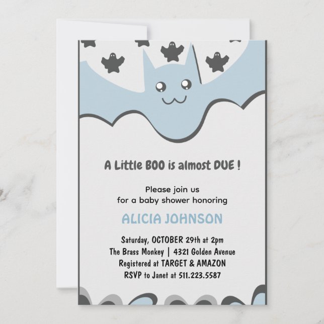 Söt fladdermus Pojke Lilla boo Halloween baby show Inbjudningar (Framsida)