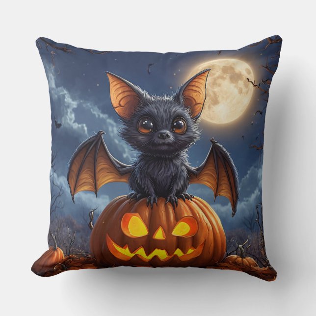 🦇🎃 Söt fladdermus-pumpa Halloween mysiga nattkän Kudde (Framsida)