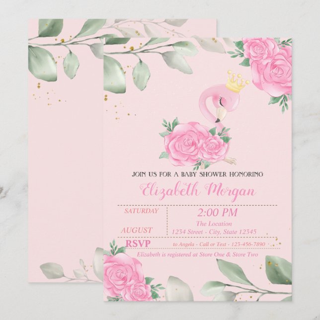 Söt Flamingo, Blad, Blommig Bebis Shower Inbjudningar (Fram/baksida)