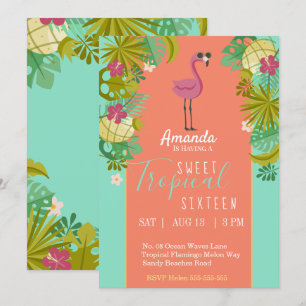 Söt flamingo Luau Handflatan-Träd-stranden 16 föde Inbjudningar