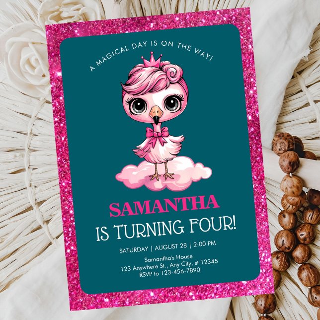 Söt flamingo med krona födelsedag inbjudningar (Skapare uppladdad)