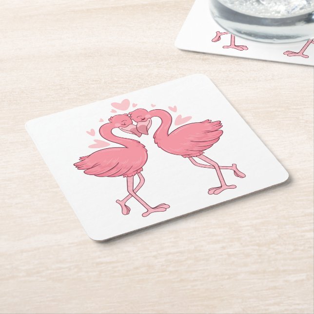 Söt Flamingo Rosa Tropisk Strandbröllop Underlägg Papper Kvadrat (Vinklad)
