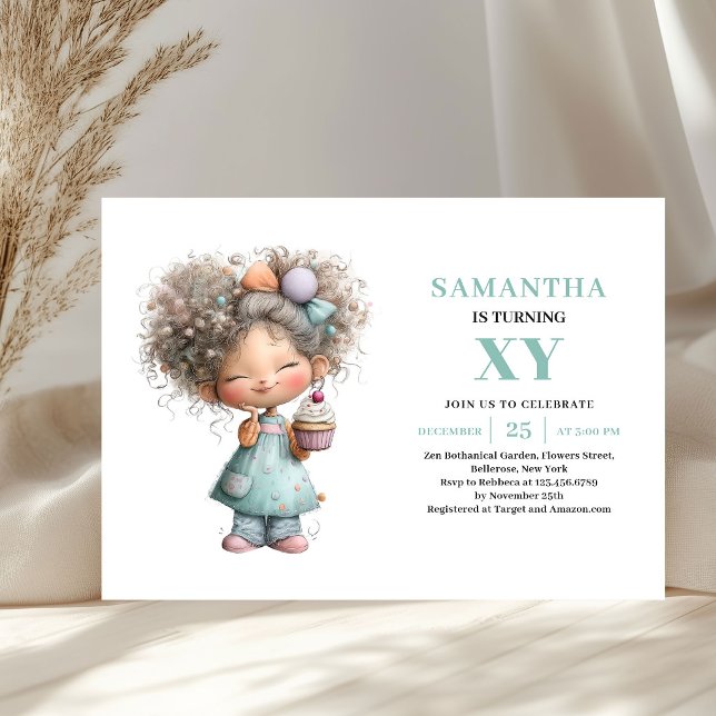 Söt flicka 2-års födelsedags inbjudan med lila och (Cute Girl 2nd Birthday Whimsy Purple Green invitation)