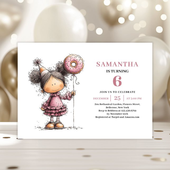 Söt flicka 6-års födelsedagsinbjudan dammig rosa f inbjudningar (Cute Girl 6th Birthday Invite Dusty Pink File)