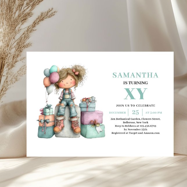 Söt flicka 7-års födelsedagsinbjudan lila grön nyc inbjudningar (Cute Girl 7th Birthday Purple Green Whimsy invitation)