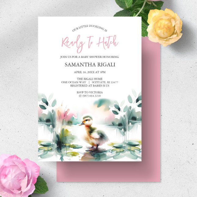 Söt flicka akvarell anka baby shower inbjudningar (Duck baby shower invitations for girl feature pastel watercolor art exclusive to Do Tell A Belle)