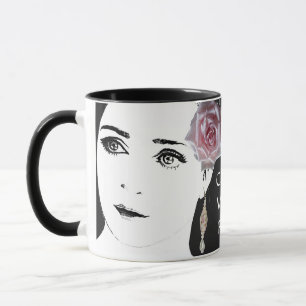 Söt flicka ansikte mode illustration rosa ros mugg