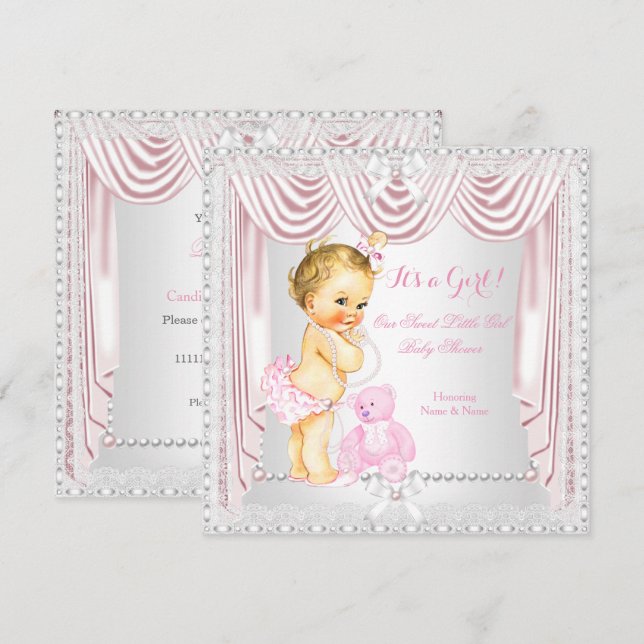 Söt flicka baby shower rosa satin blond bebis inbjudningar (Fram/baksida)