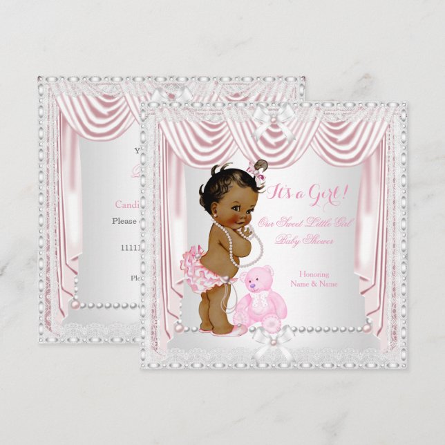 Söt flicka baby shower rosa satin etnisk inbjudningar (Fram/baksida)