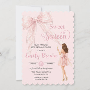 Söt flicka Blush Bow Brunett Mode Sweet 16 Inbjudningar
