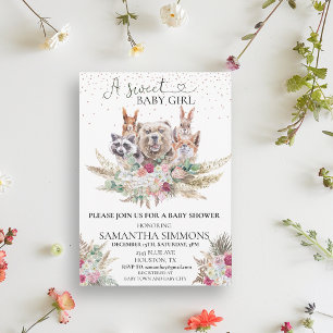Söt flicka boho dusch skog djur inbjudningar
