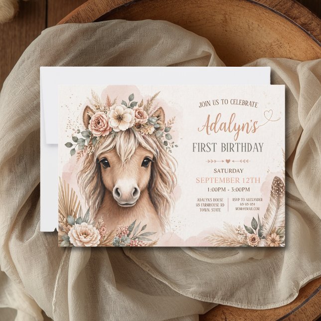 Söt flicka Boho-häst Första födelsedag Inbjudningar (Skapare uppladdad)