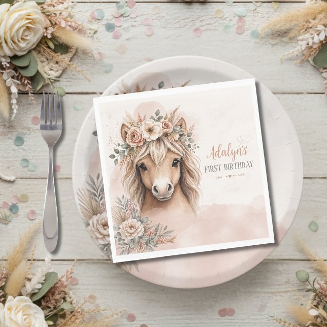 Söt flicka Boho-häst Första födelsedag Pappersservett (Skapare uppladdad)