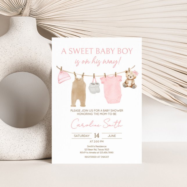 Söt Flicka Clothesline Baby Shower Inbjudningar (Sweet Baby Girl Clothesline Baby Shower Invitation)