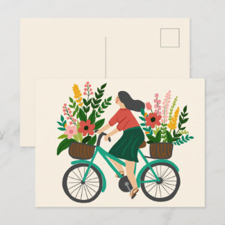 Söt flicka cyklar med blommor anpassad vykort